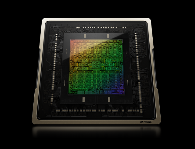 Et nærbilde av en GPU-matrise med regnbuefarge.