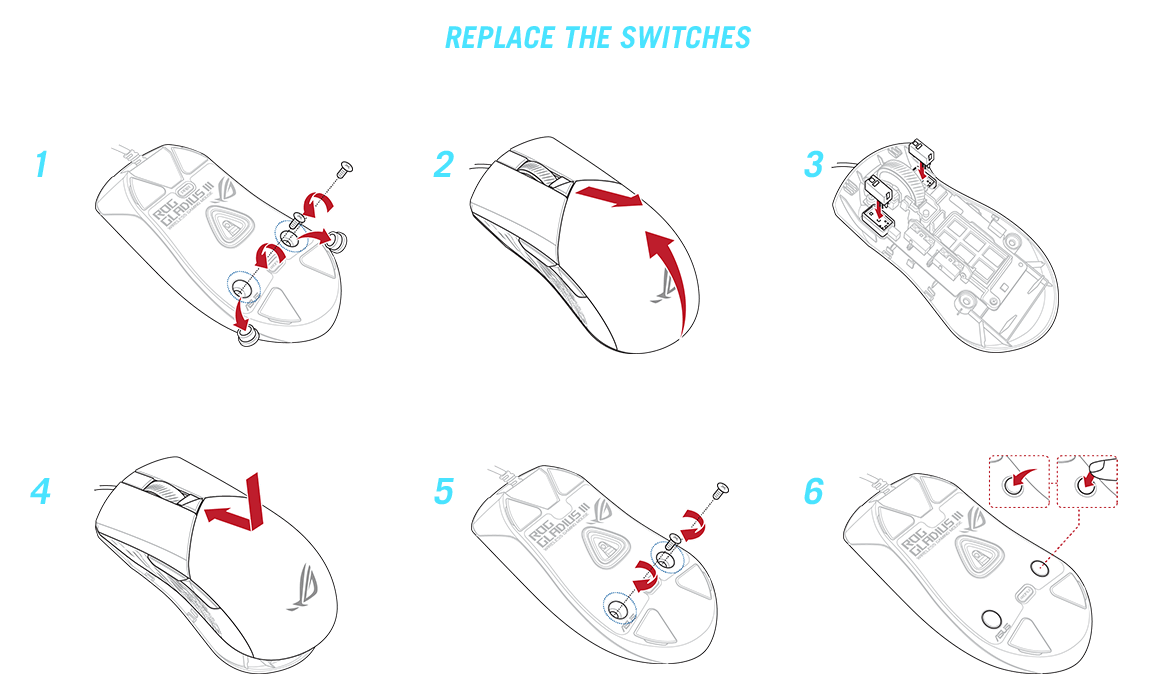 Step 1: Remove the rubber cover and screws from the bottom of the ROG Gladius III Wireless. Step 2: Remove the top cover. Step 3: Remove the old switches from the sockets and swap in new ones. Step 4: Slide the top cover back on. Step 5: Put the screws back in. Step 6: Remember to fit the rubber covers back in.