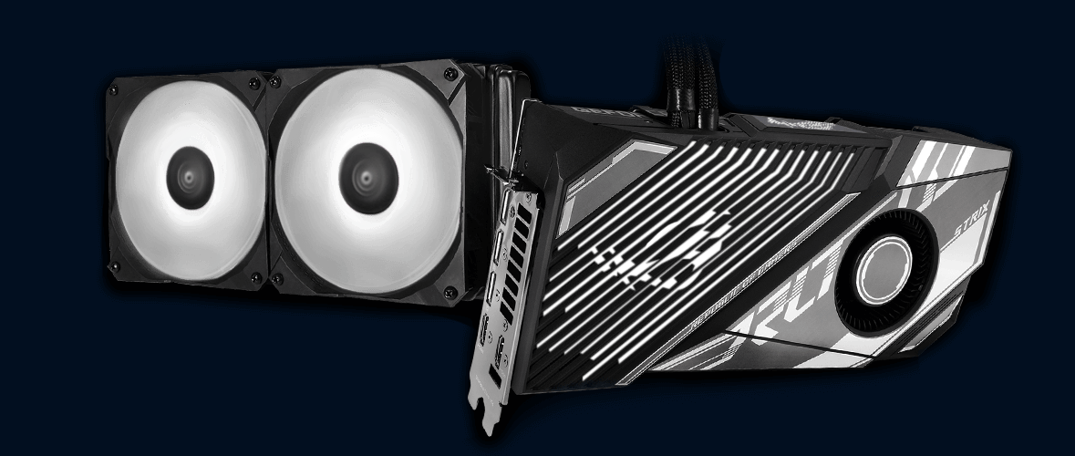 Schräge Ansicht der ROG Strix LC GeForce RTX™ 4090 Grafikkarte, die das ARGB-Element hervorhebt