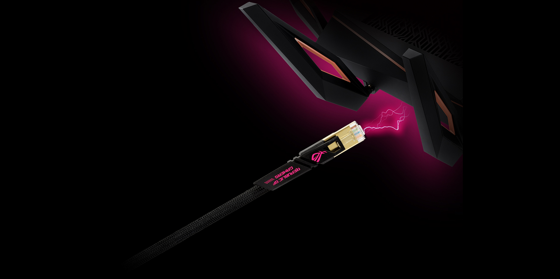 A ROG CAT7 Cable next to a ROG gaming router with some electric lights