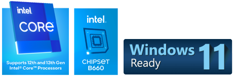 процесор Intel Core, підтримка процесорів Intel Core 11-го покоління; чипсет Intel B660, підтримка Windows 11