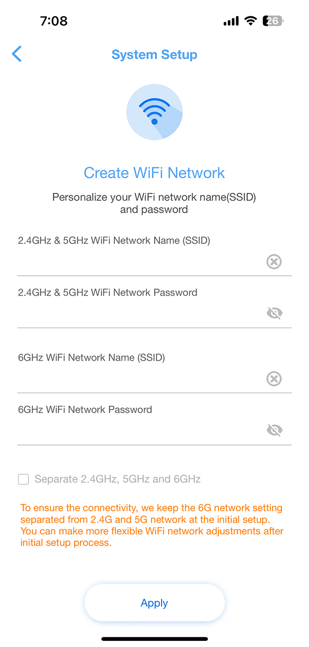 Step two: Create a WiFi network name and an admin account.