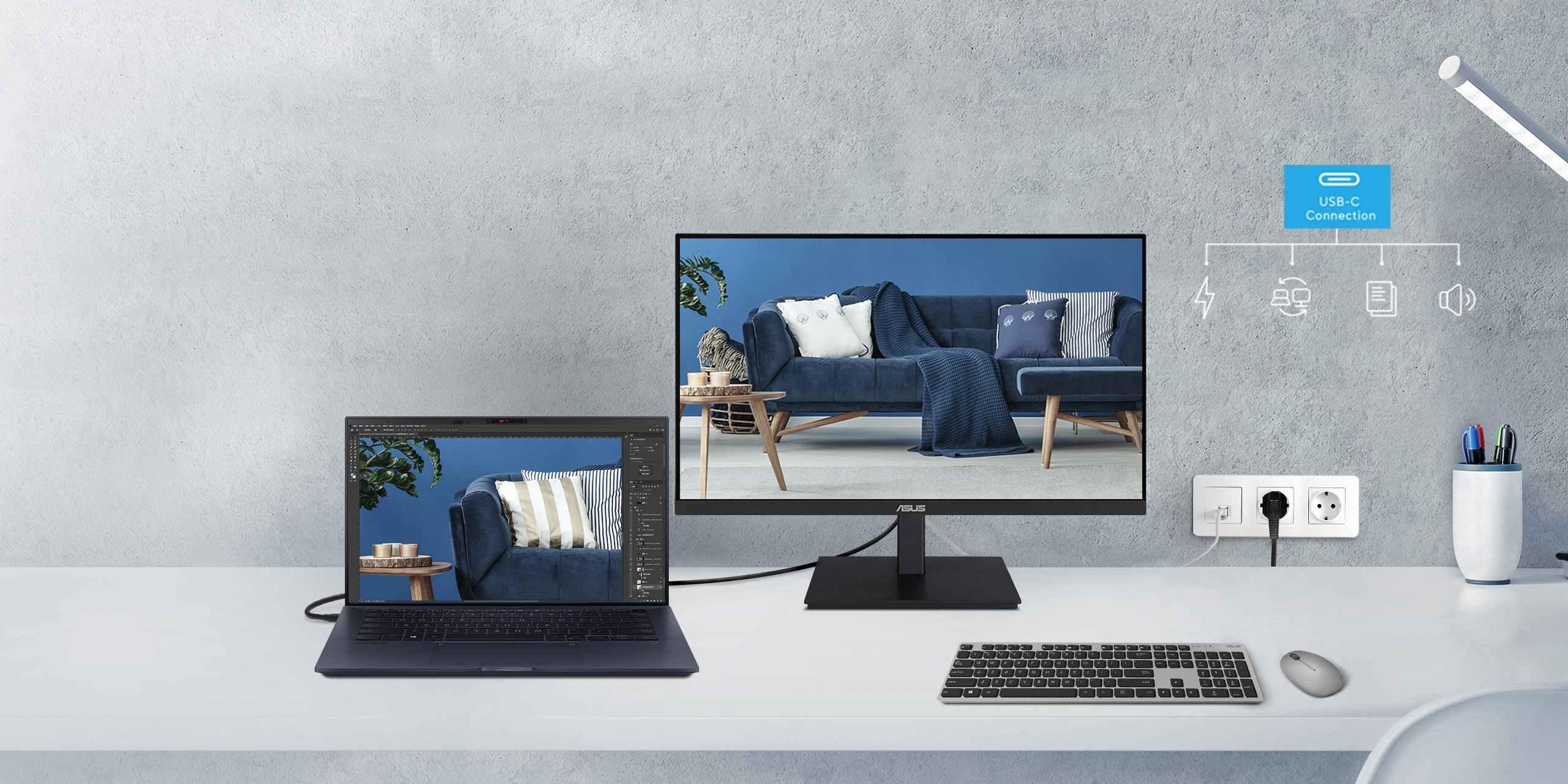 To demonstrate ASUS monitor and laptop on the table just via USB-C one cable to delivers video, auto, data and power delivery.