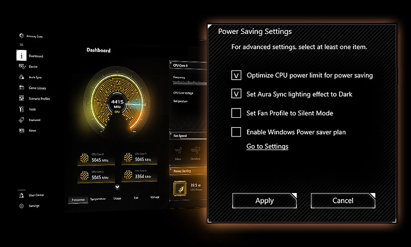 An Armoury Crate‘s UI to show energy efficient can be setup by Power Saving Settings