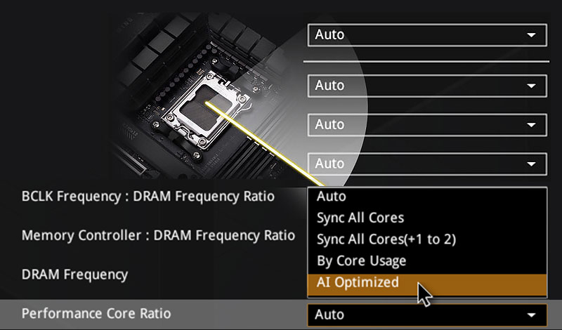 A BIOS’s UI to show AI Overclocking can be setup by selecting AI optimized