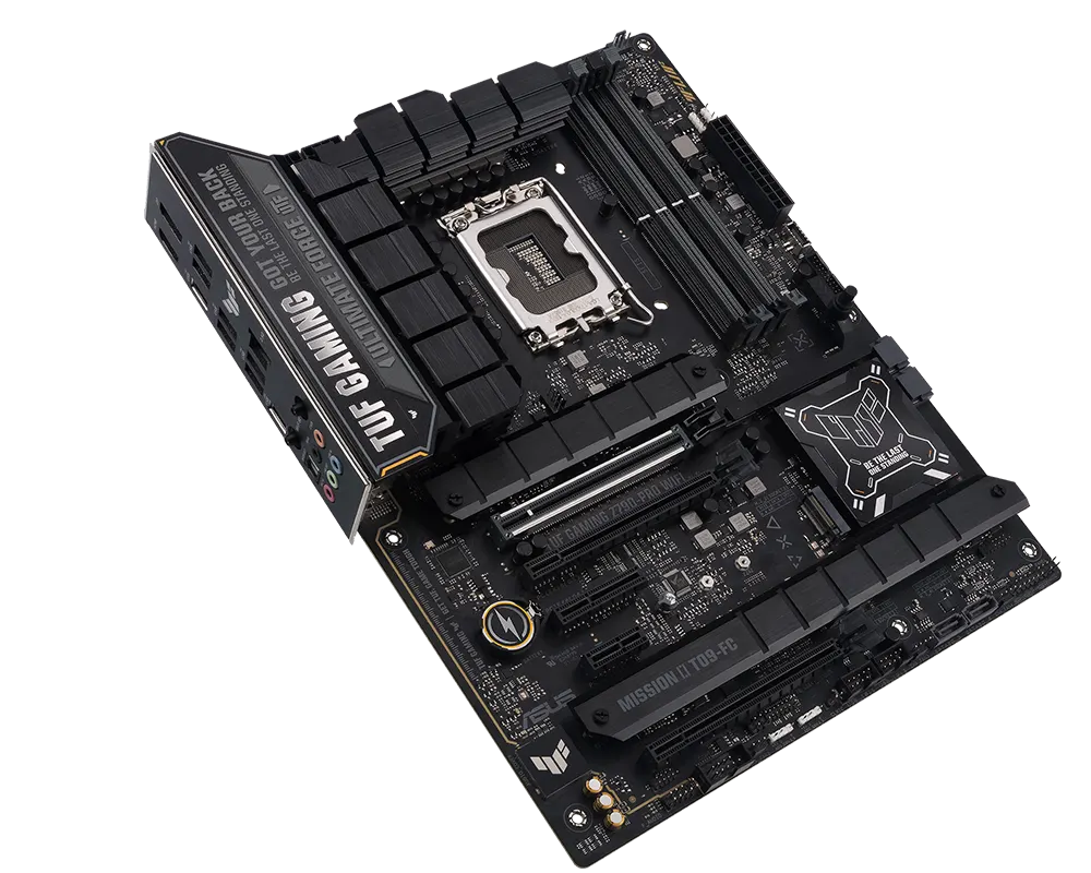 TUF Gaming motherboard front view, 45 degrees