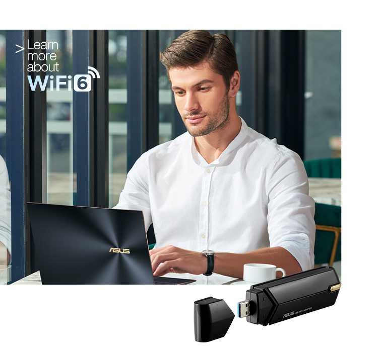 The USB-AX56 USB adapter gives your laptop or PC an instant plug-and-play upgrade to WiFi 6.