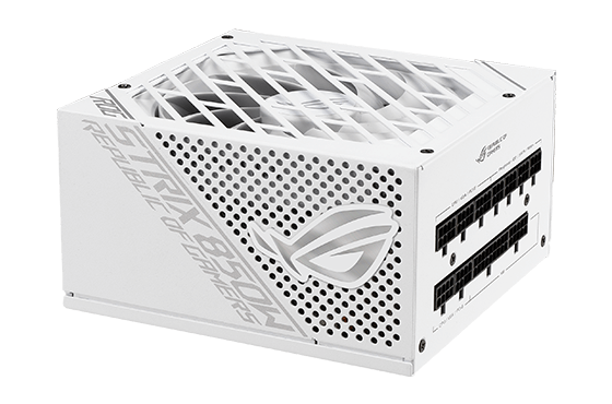 Widok z boku pod kątem – jednostka zasilająca ROG Strix 850W White Edition