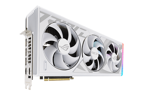 Widok z boku pod kątem – ROG Strix GeForce RTX 4080 SUPER White OC Edition