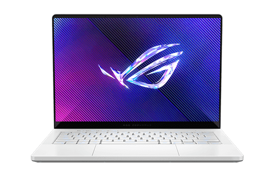 Zephyrus G14 w wariancie Platinum White z otwartą pokrywą i logo ROG na ekranie.