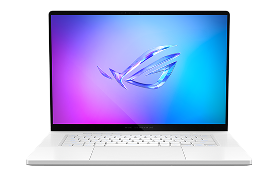 Zephyrus G16 w wariancie Platinum White z otwartą pokrywą i logo ROG na ekranie.