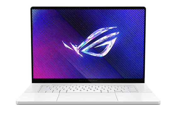 Zephyrus G16 w wariancie Platinum White z otwartą pokrywą i logo ROG na ekranie.