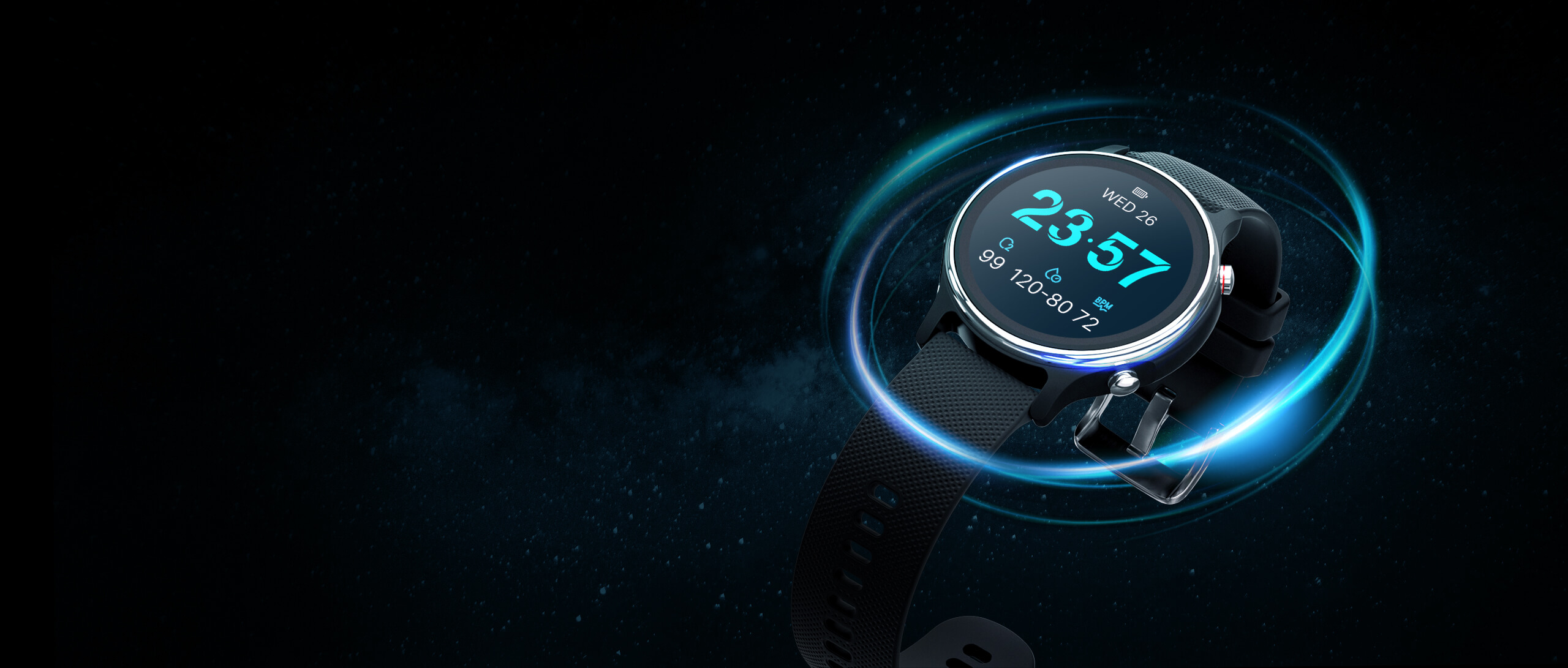 ASUS VivoWatch 6 on blue background, displaying time and date