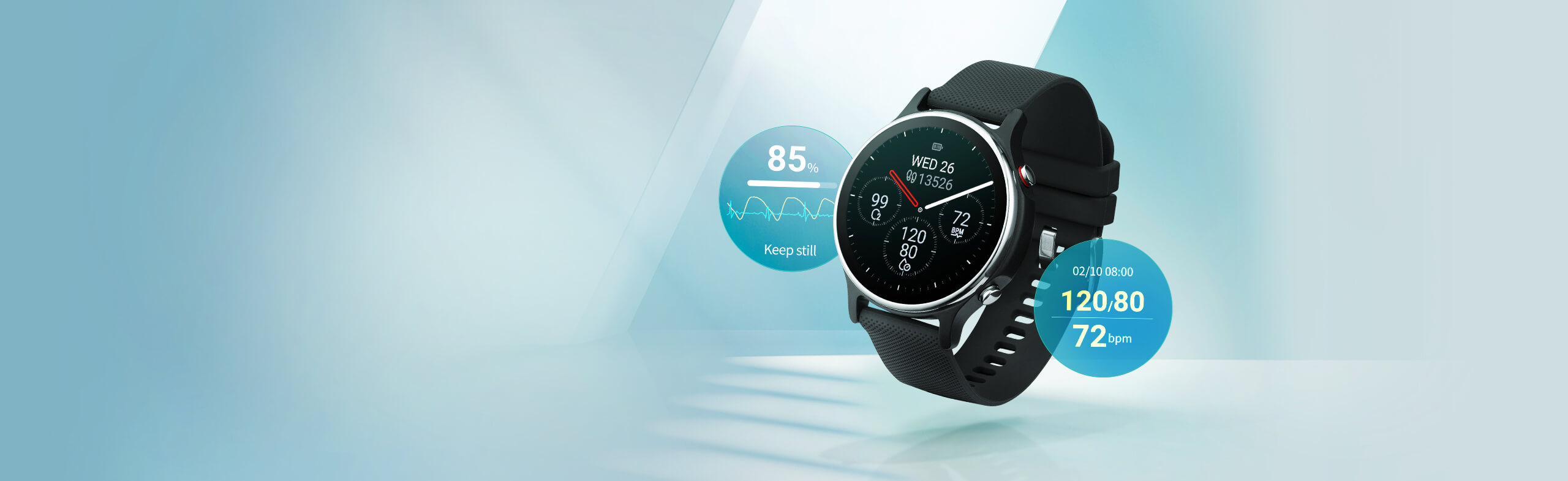 ASUS VivoWatch 6 product with a blue background, displaying time and blood pressure data