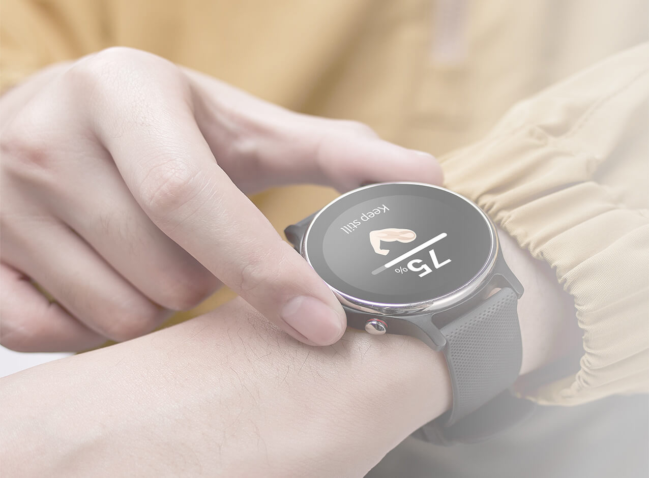 A man's finger is touching smart watch to measure health data