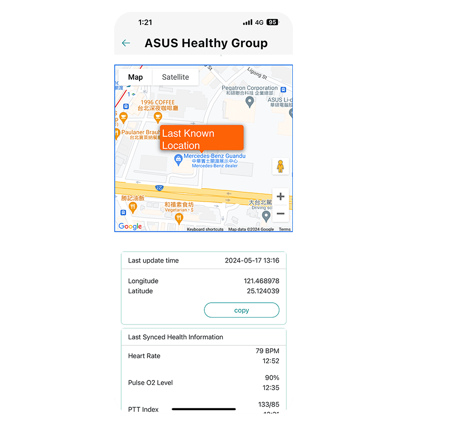 ASUS VivoWatch 6 with smart phone App shows user's location map