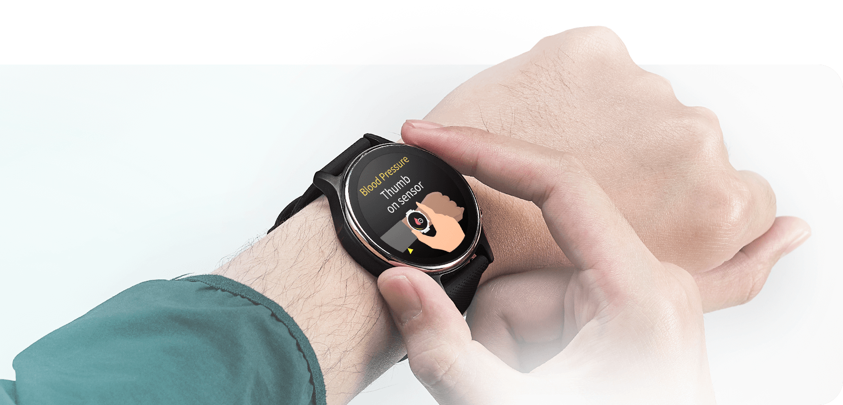 A person's hand holding ASUS VivoWatch 6, displaying blood pressure measurement method