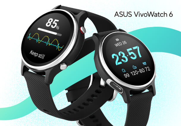 Two smart watches with green ribbon as background design, the left one shows blood pressure graphics and right one shows time
