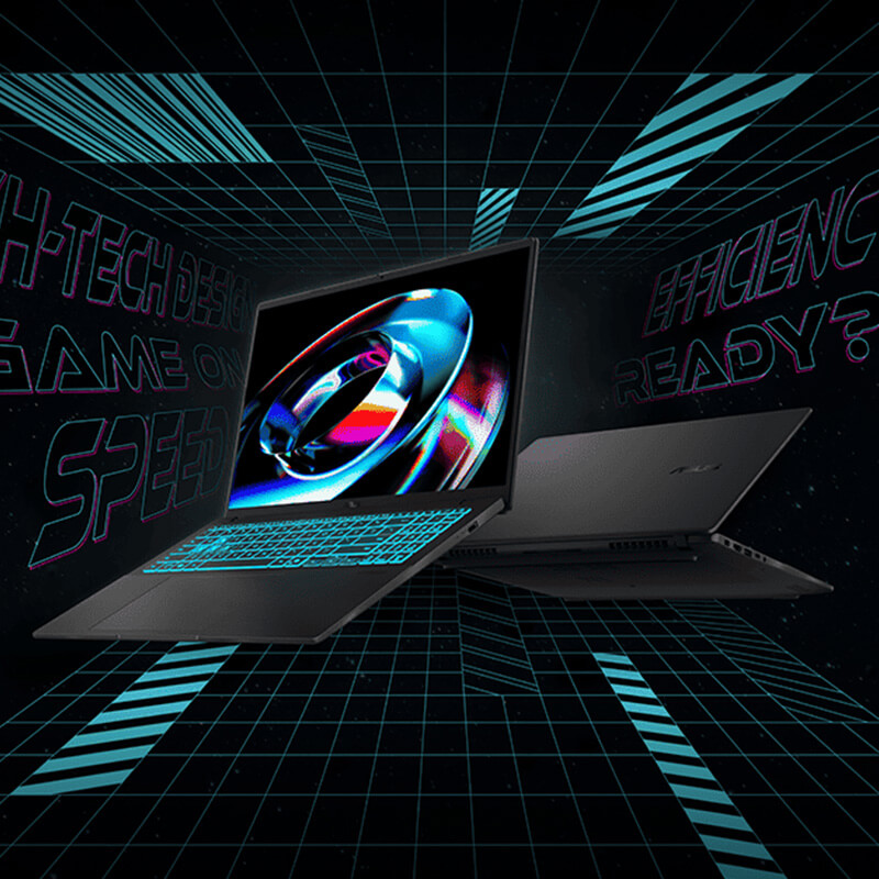 Two open ASUS V16 laptops float in the air, a bright blue grid and modern text floating around them over a black background.