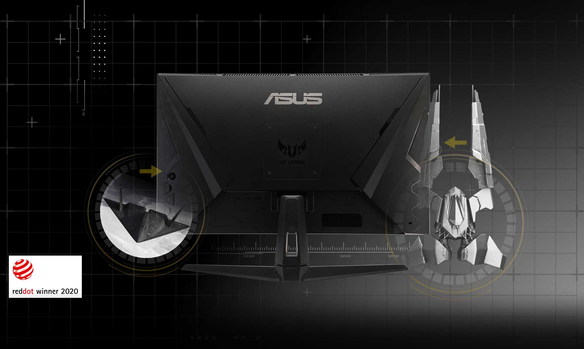 TUF Gaming 1A series monitor with stealth fighter inspired design, with 2020 Reddot winner logo