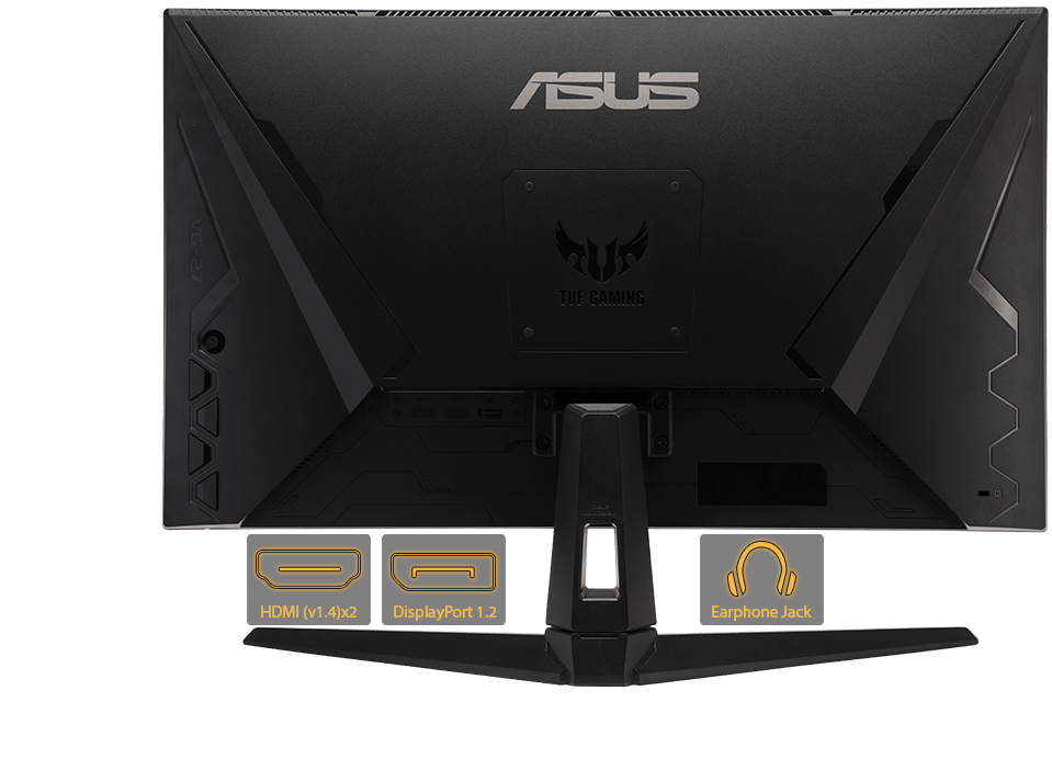 จอภาพ TUF Gaming 1A series พร้อมการเชื่อมต่อที่หลากหลาย (ไอคอน HDMI (V1.4), DisplayPort1.2 และแจ็คหูฟัง)