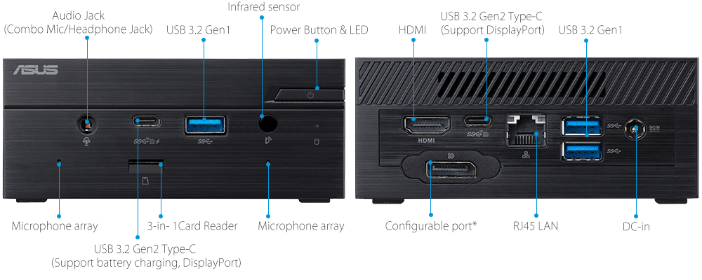 ASUSPRO PN50-Business mini PC- hdmi- USB 3.1- seriële poort en ASUSPRO PN50-Business mini PC-ODD-Draadloze antenne