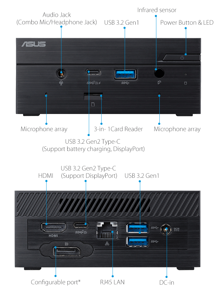ASUSPRO PN51-Business Mini PC- HDMI- USB 3.1- serielle Schnittstelle und ASUSPRO PN51-Business Mini PC-ODD-kabellose Antenne