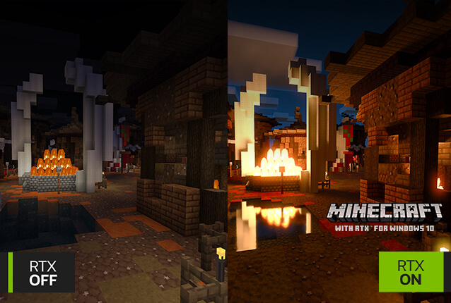 porovnání výkonu hry Minecraft na obrazovce bez NVIDIA RTX vlevo a s RTX vpravo