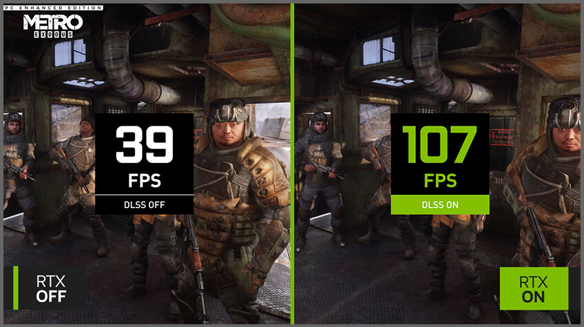 ETRO game in screen performance comparison without NVIDIA RTX on the left , with RTX on the right