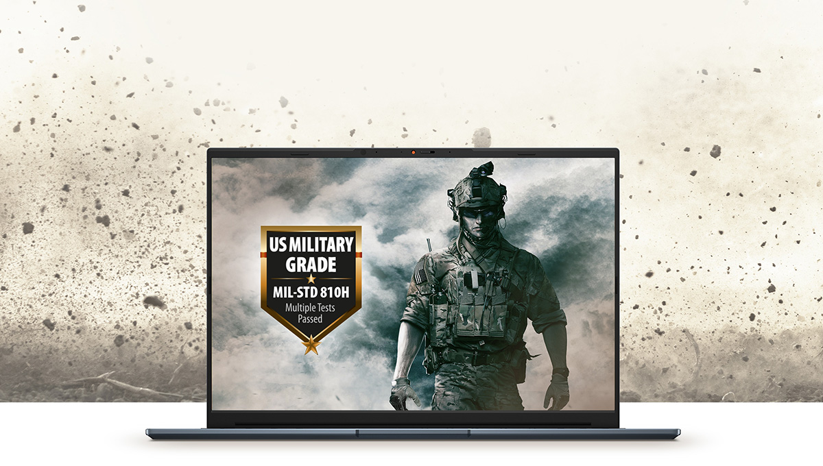 an ASUS laptop with a US MIlitary Grade MIL-STD 810H standard badge and a soldien on the wallpaper with dirt in the background