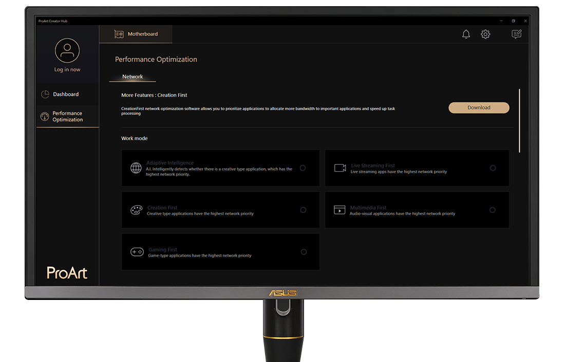A ProArt Creator hub UI shown onscreen