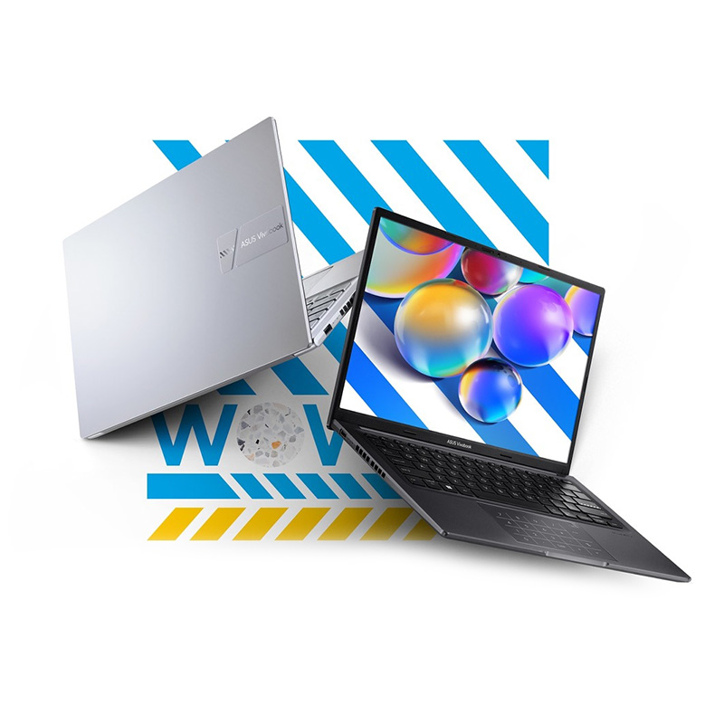 Three ASUS Vivobooks are placed on purple geometiric shapes. The platinum gold model is slightly open, the black model is closed, and the silver model is open.