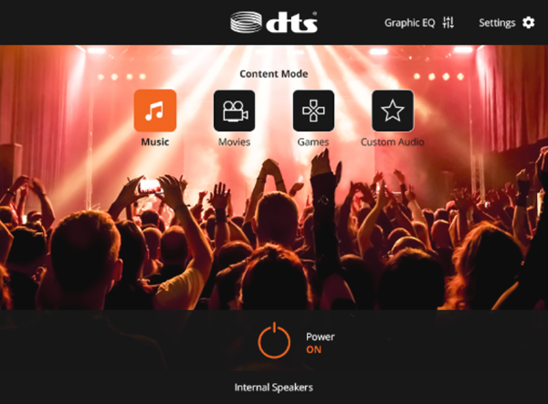 DTS Audio Processing's muziek-modus gebruikersinterface.