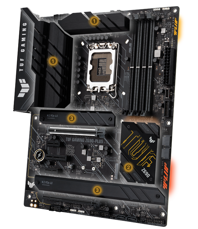 TUF GAMING Z690-PLUS  D4 features an expanded VRM heatsink and thermal pad, and three M.2 slots with heatsinks. 