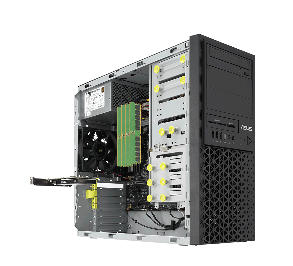 The E500A is positioned at a 45-degree angle from the front, with the side panel of the case open, clearly showing support for four DIMMs.
