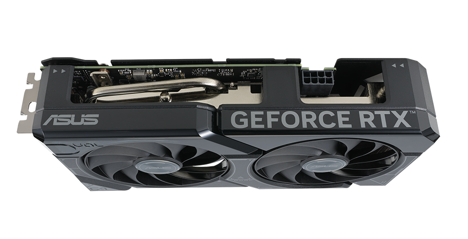 Angled top down view of the card ASUS Dual GeForce RTX 4060 graphics card