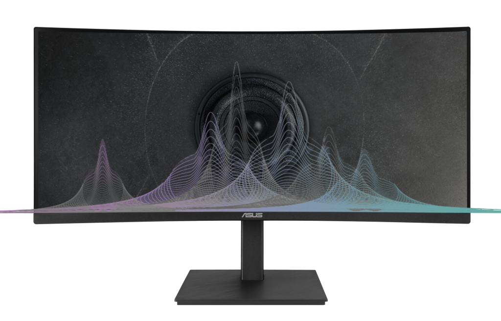 Demonstrate monitor has built-in speakers