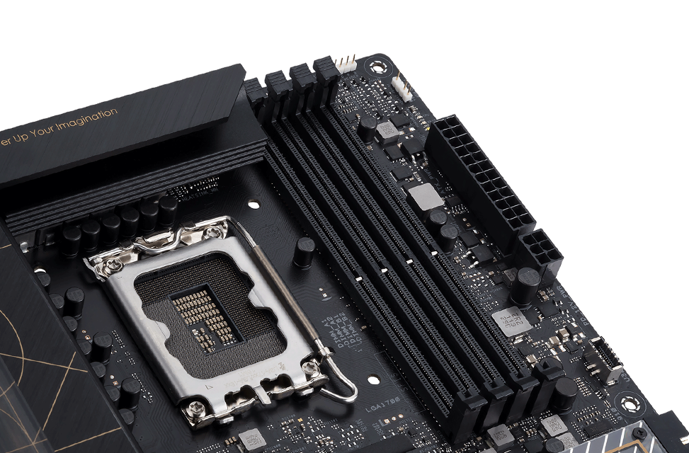 Top view of ProArt B660-Creator D4 detailing slots where 128 GB of DDR4 memory can be added.
