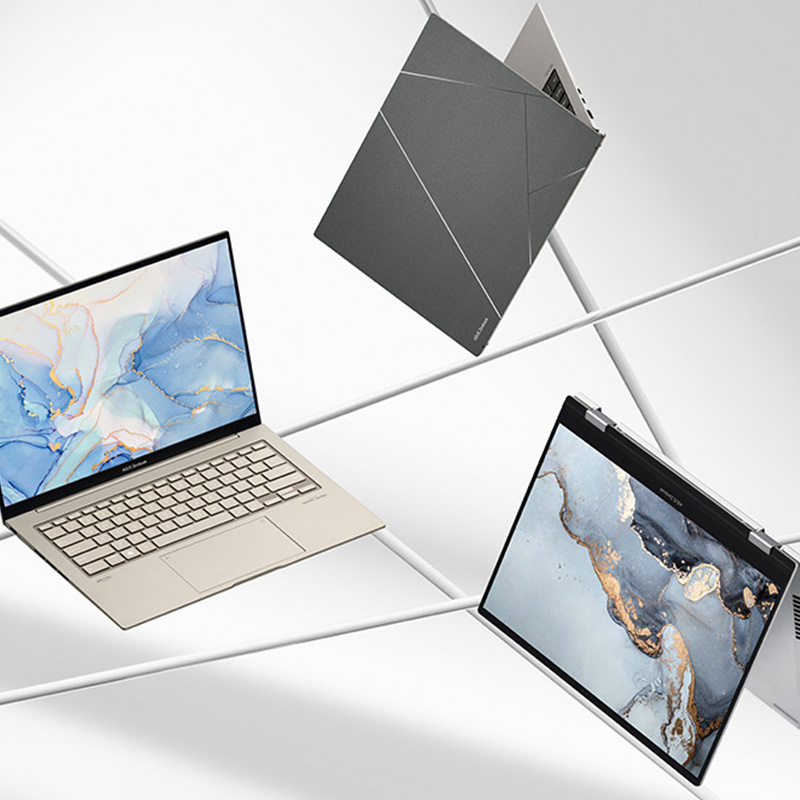 Three ASUS Zenbook laptops — Zenbook S 13 OLED, Zenbook 14X OLED, and Zenbook S 13 Flip OLED — in various usage modes on bright, minimalistic background