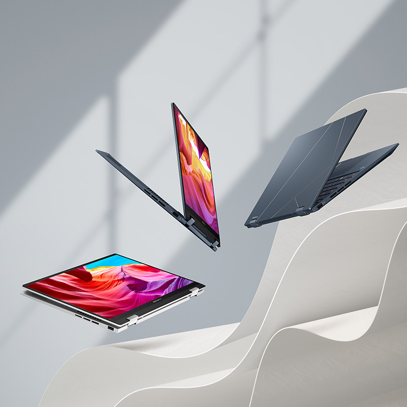 Three Zenbook 14 Flip OLED laptops floating in the air in tablet mode, stand mode, and clamshell mode.