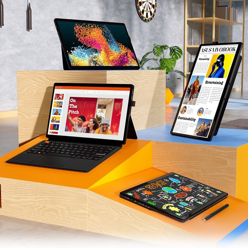 Ноутбуки ASUS Vivobook 13 Slate OLED T3304 изображены в разных режимах использования.