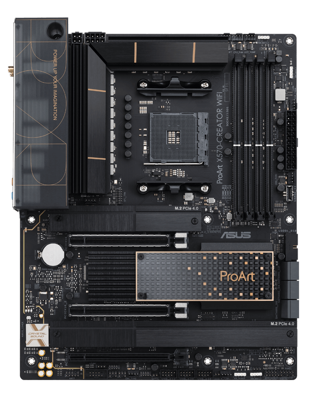 The ProArt X570-Creator WiFi motherboard features a 4-pin PWM/DC fan and AiO pump header.