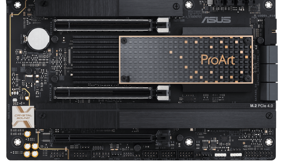 Het ProArt X570-Creator WiFi moederbord bevat drie PCIe 4.0 x16-slots voor krachtige videokaarten.