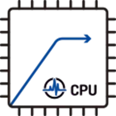 A microchip icon with a blue graph line that starts flat and then rises sharply at the end, along with a small blue gear symbol inside the chip, and CPU text at the bottom.