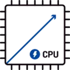 microchip icon with a blue diagonal line graph rising steadily from left to right, with a small blue circle containing a power symbol inside the chip, and CPU text at the bottom.