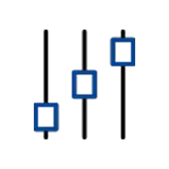 An icon of three vertical sliders, each with a small blue square as a control knob, representing adjustable settings.