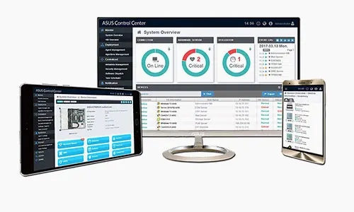 An image of a computer monitor displaying server management software with multiple windows and dashboards, indicating an interface for managing server operations and monitoring performance.