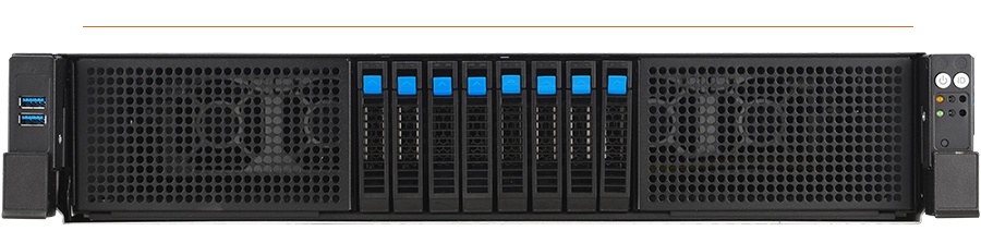 the server’s front panel layout with 4 x 3.5” drive bays supporting NVMe, SATA, and SAS (with SAS requiring an optional RAID card), along with a power/location button, LED indicators, and 2 x USB 3.2 Gen1 ports.