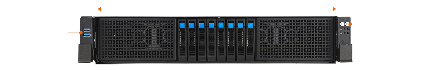 the server’s front panel layout with 4 x 3.5” drive bays supporting NVMe, SATA, and SAS (with SAS requiring an optional RAID card), along with a power/location button, LED indicators, and 2 x USB 3.2 Gen1 ports.