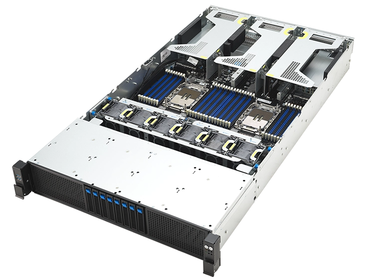 An internal view of the server chassis showing the layout of components such as CPU sockets, RAM slots, and PCIe slots